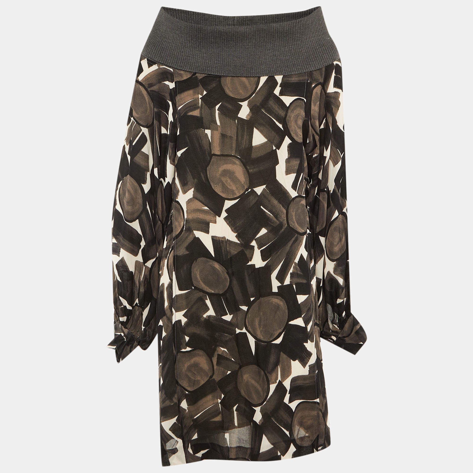 Pre Owned Kenzo Brown /Black Printed Crepe High Neck Mini Dress M