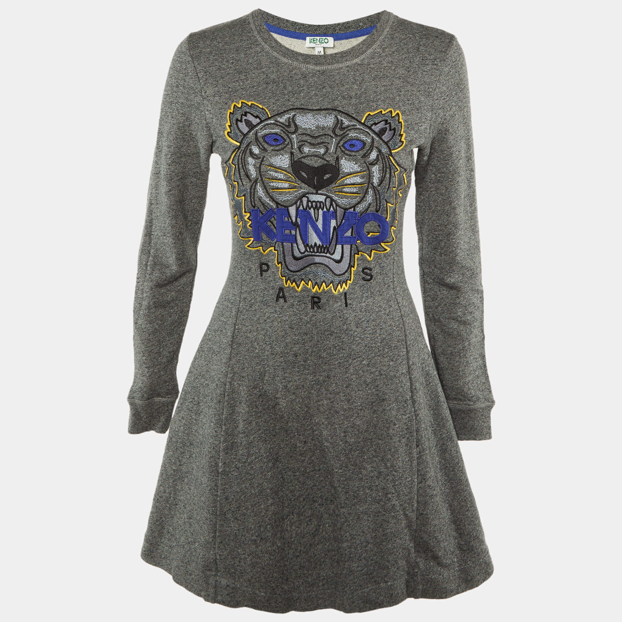 Pre Owned Kenzo Grey Tiger Embroidered Cotton Sweater Dress M