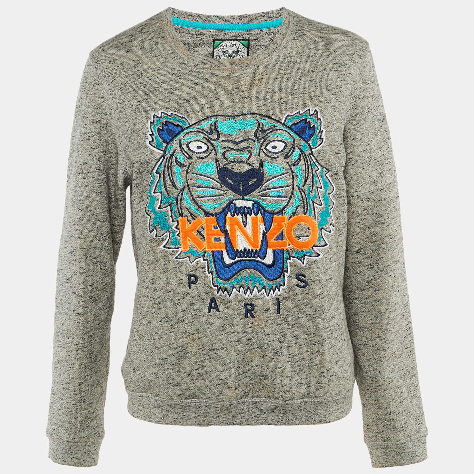 Pre Owned Kenzo Grey Tiger Head Embroidered Cotton Sweatshirt L