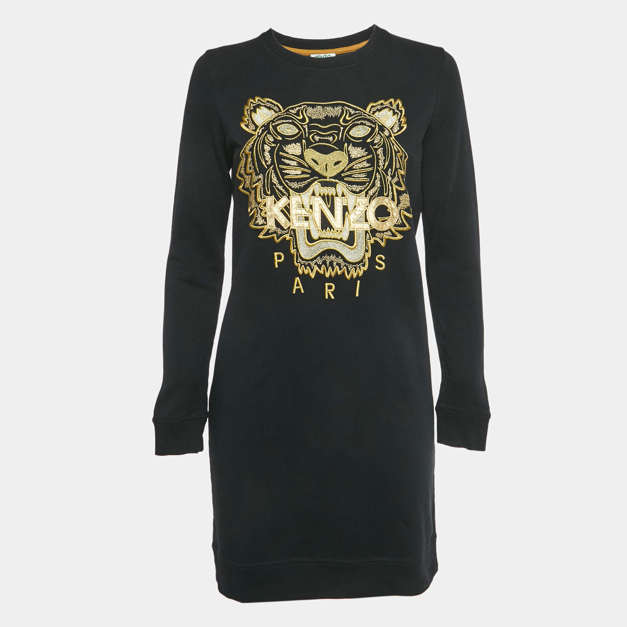 Pre Owned Kenzo Black Tiger Embroidered Cotton Mini Dress S