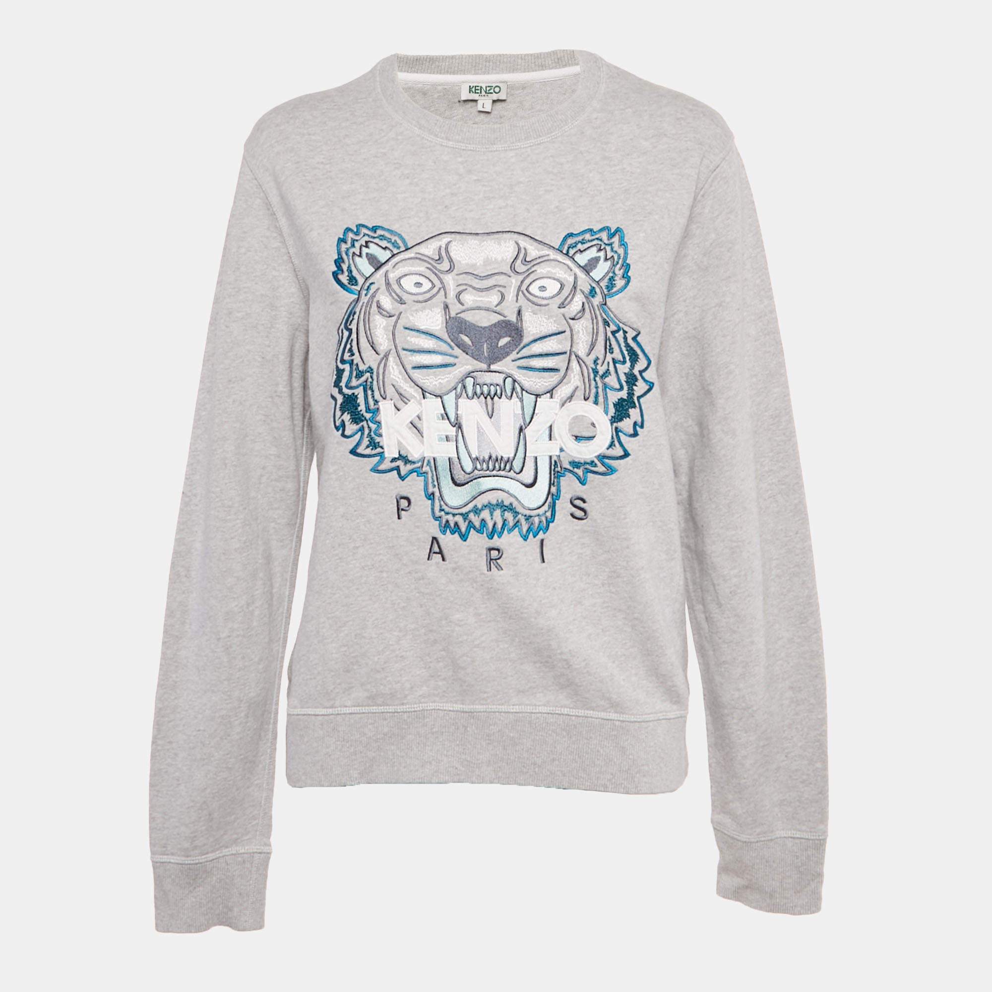 Pre Owned Kenzo Grey Tiger Embroidered Cotton Sweatshirt L
