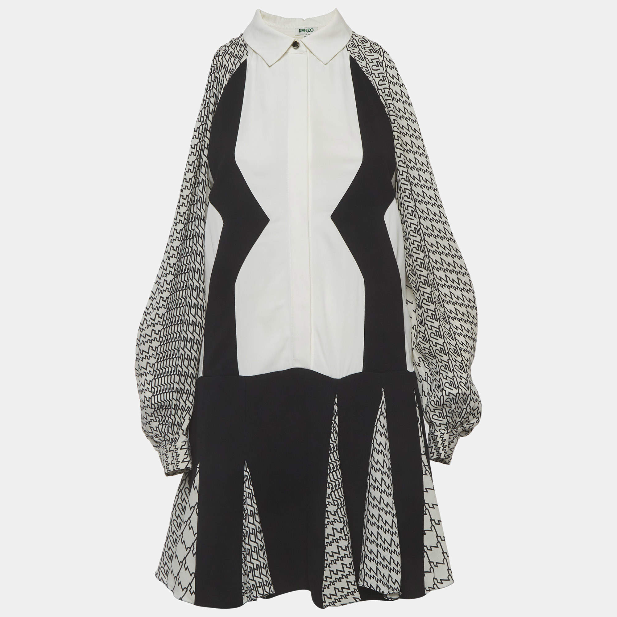 Pre Owned Kenzo Monochrome Abstract Pattern Silk & Crepe Flared Mini Dress S