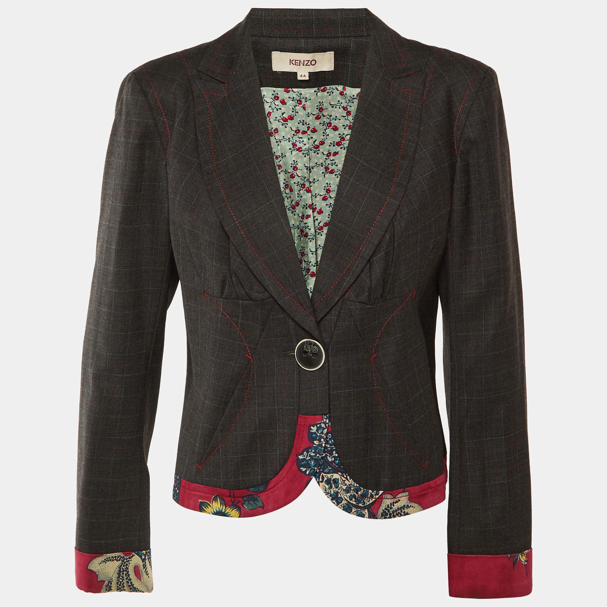 Pre Owned Kenzo Grey Wool Contrast Detail Blazer L