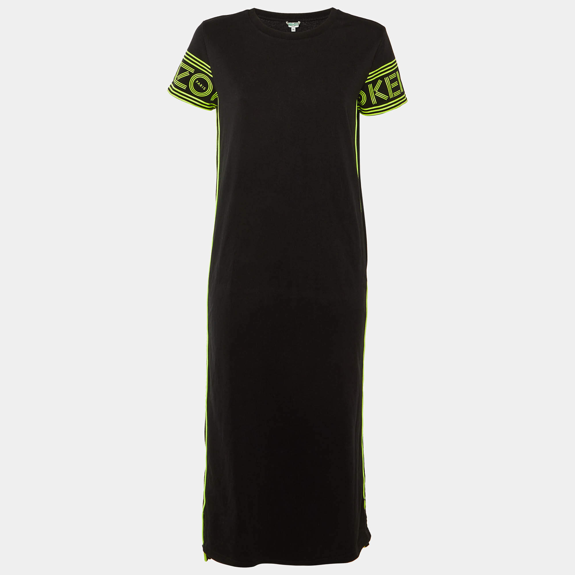 Pre Owned Kenzo Black Cotton Knit Contrast Logo Detail Midi Dress M