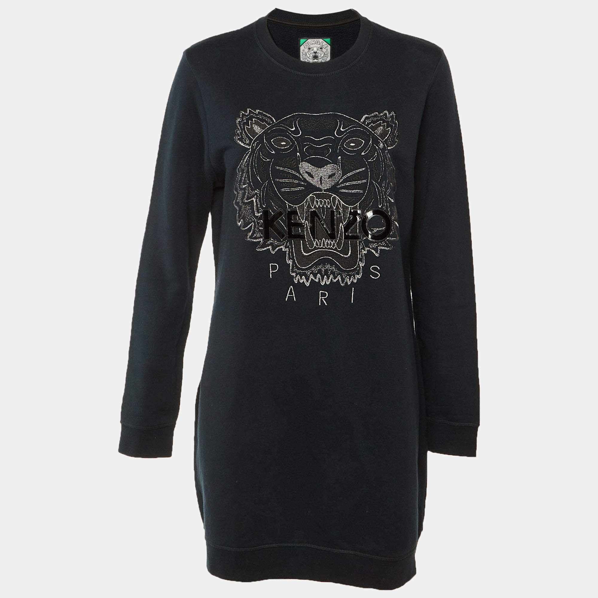 Pre Owned Kenzo Black Tiger Embroidered Cotton Knit Dress L
