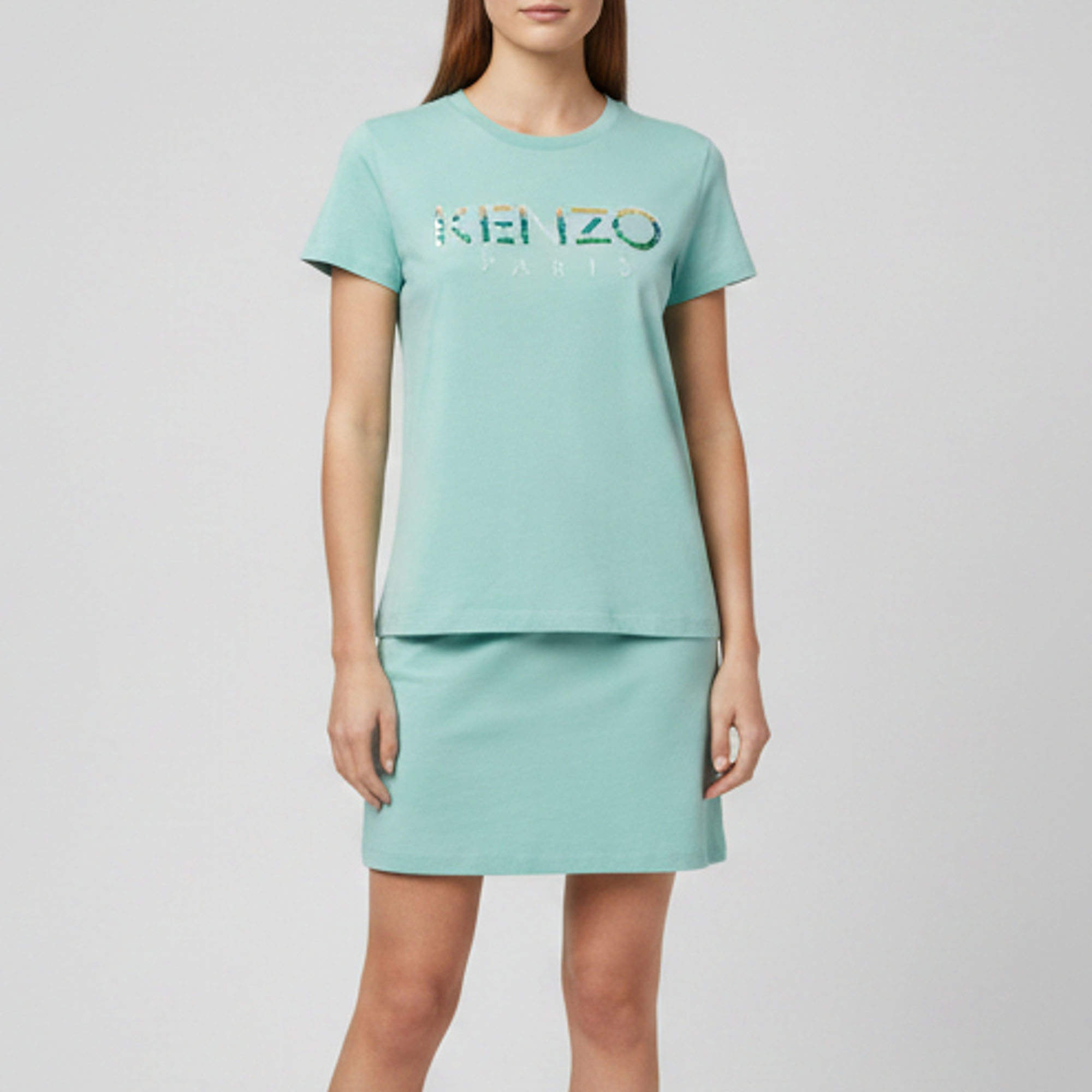Pre Owned Kenzo Turquoise Logo Embellished Jersey T-Shirt M