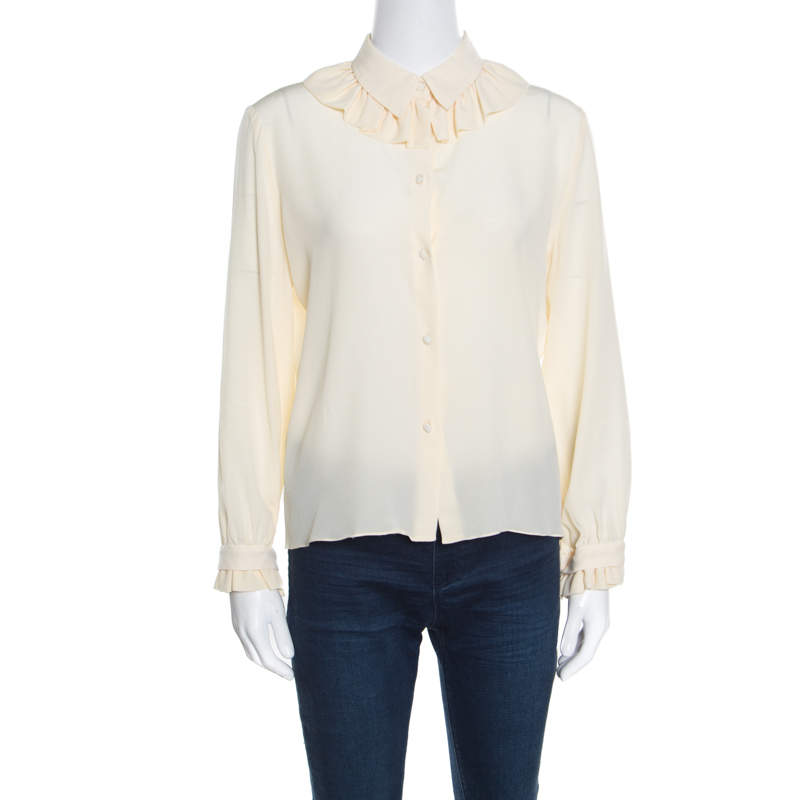 Kenzo Cream Ruffled Trim Detail Long Sleeve Silk Blouse M