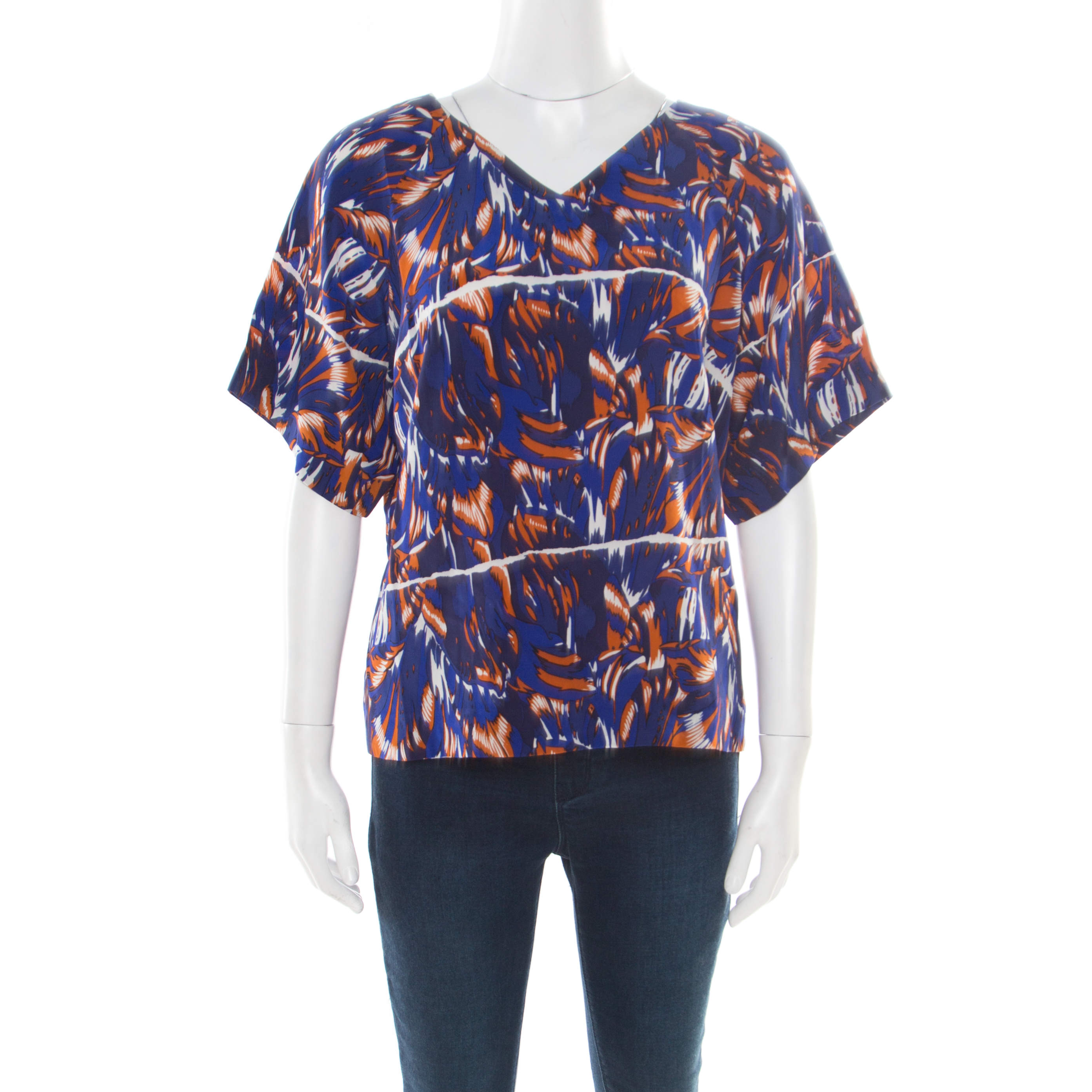 Pre Owned Kenzo Royal Blue Torn Flowers Printed Silk V Neck Blouse L