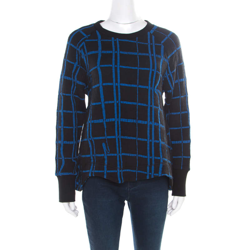 Pre Owned Kenzo Black and Blue Checkered Flared Hem Sweatshirt L