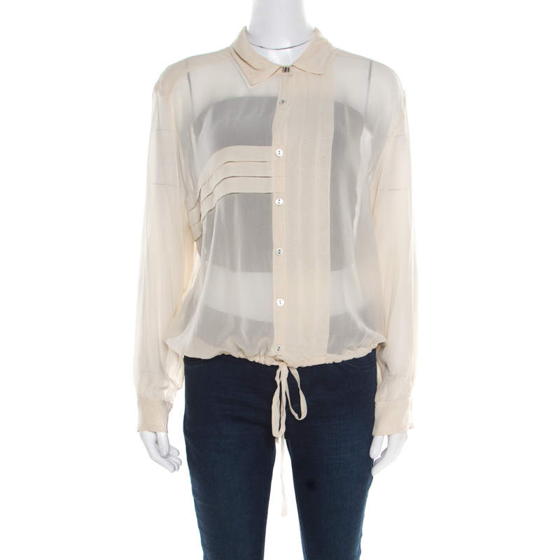 Pre Owned Kenzo Beige Pleated Waist Tie Detail Long Sleeve Blouse XL