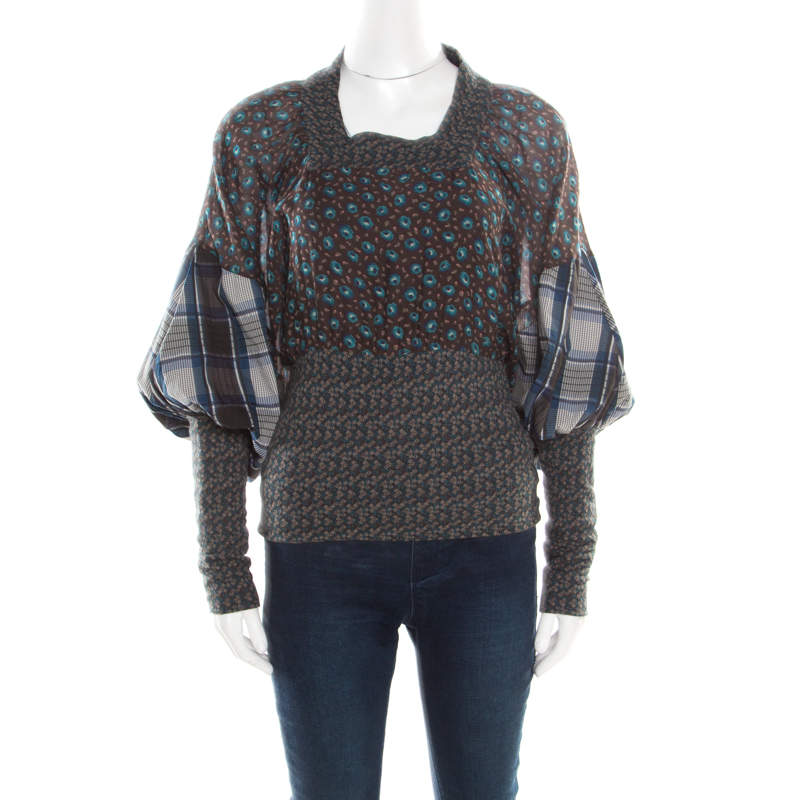 Kenzo Multicolor Floral and Checked Print Blouson Top S