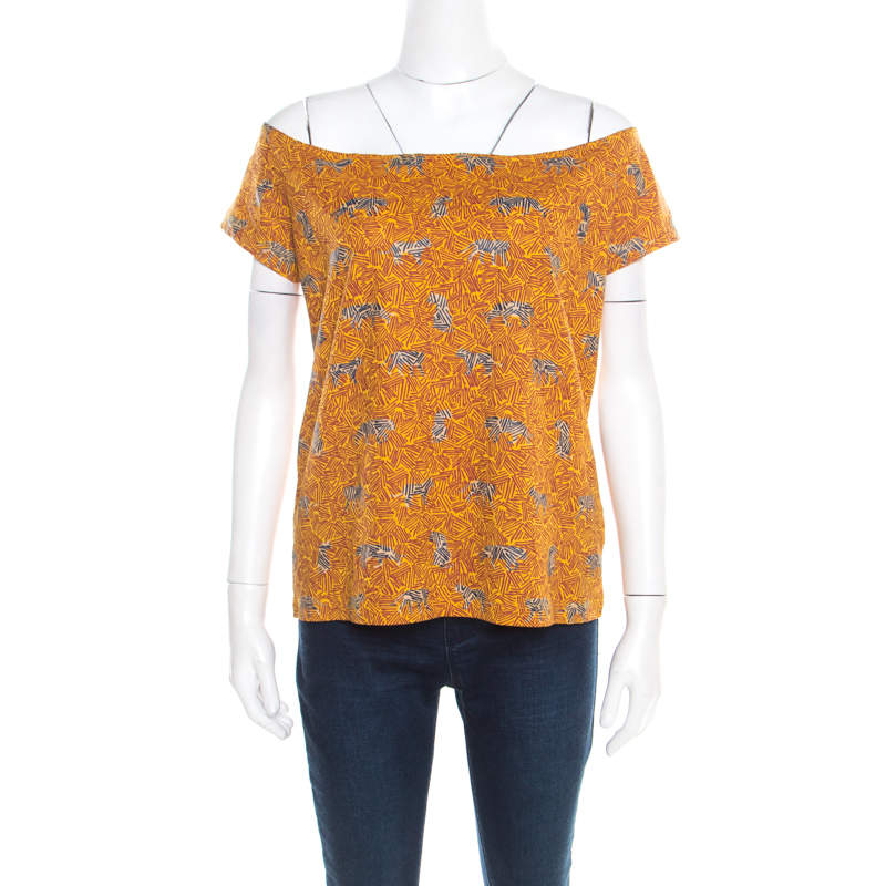 Kenzo Mustard Scribble Print Cotton Off Shoulder Top XL