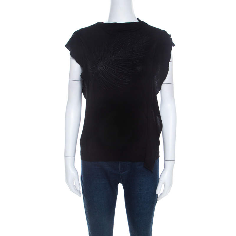 Pre Owned Kenzo Black Embroidered Stretch Jersey Ruffle Detail Top M
