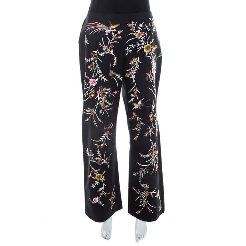 Pre Owned Kenzo Black Floral Embellished Cotton High Waist Straight Fit Trousers L