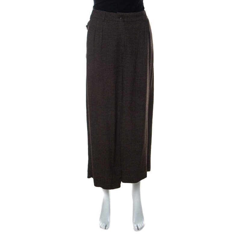 Pre Owned Kenzo Dark Brown Stretch Wool Pleated Culottes M
