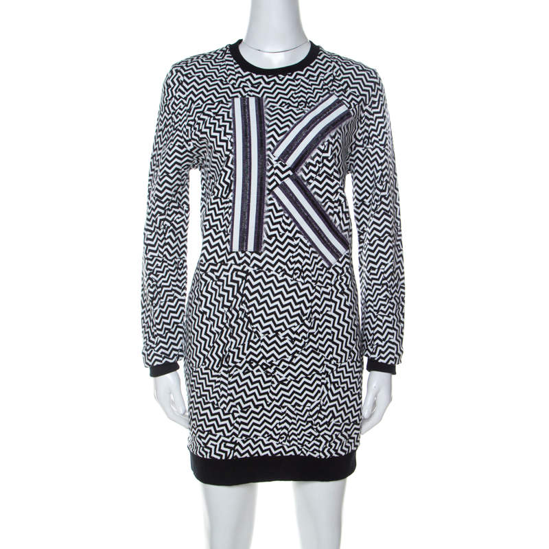 Pre Owned Kenzo Monochrome Molleton Chevron Sweatshirt Dress M