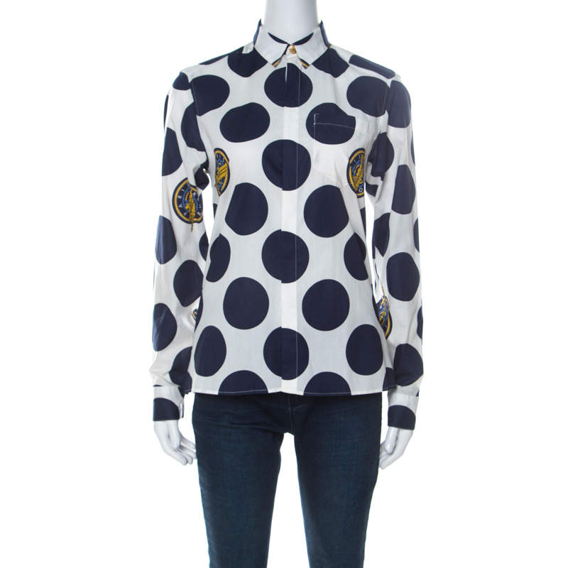 Pre Owned Kenzo White and Blue Dots And Logo Cotton Shirt M