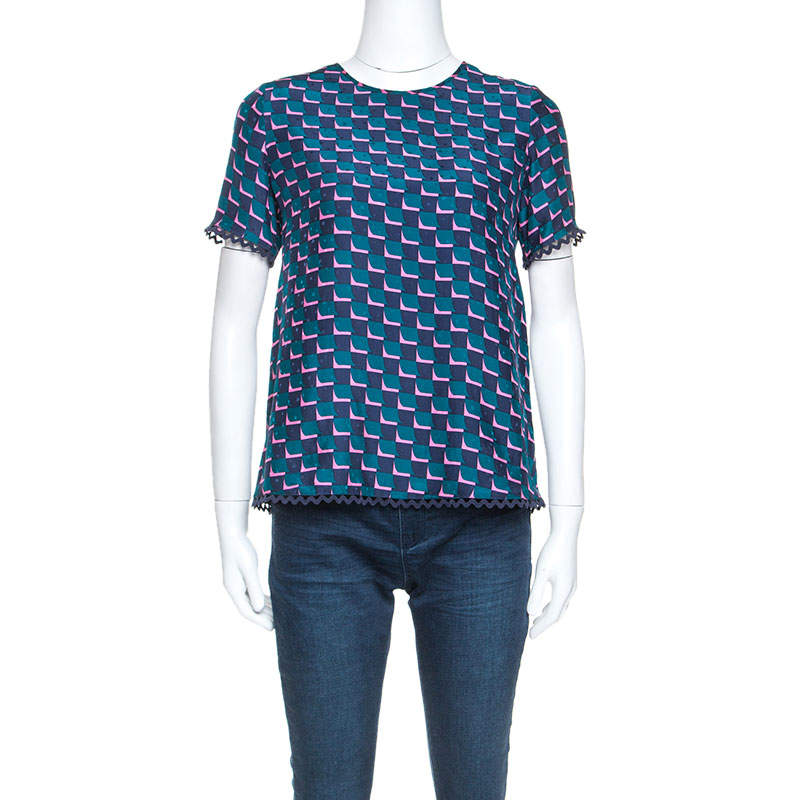 Pre Owned Kenzo Multicolor Printed Silk Short Sleeve Top S