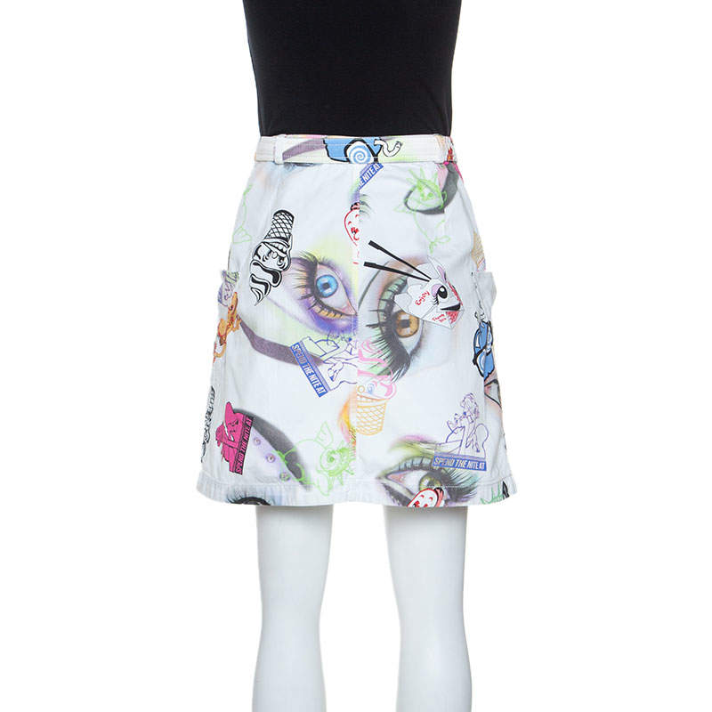 Pre Owned Kenzo White Printed Cotton Visage Button Down Skirt M