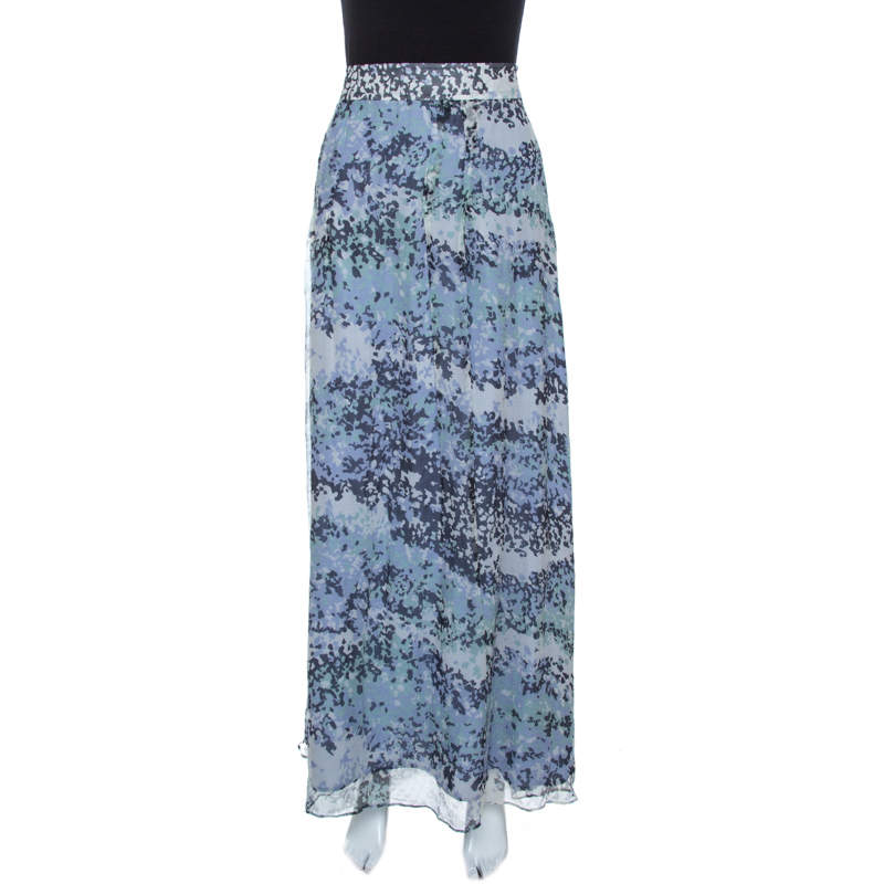 Pre Owned Kenzo Blue Abstract Print Silk Plisse Skirt L