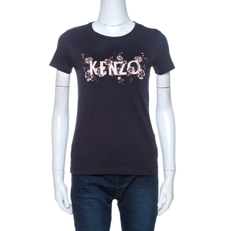 Pre Owned Kenzo Navy Blue Floral Logo Print Short Sleeve T-Shirt XS