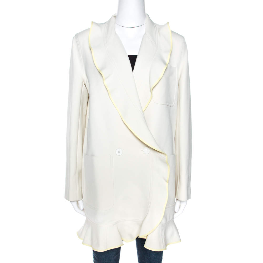 Kenzo Off White Wool Blend Ruffle Detail Jacket M
