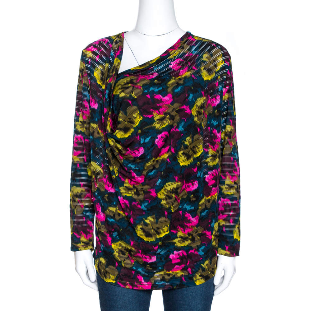 Kenzo Multicolor Printed Silk Asymmetric Draped Neck Top XL