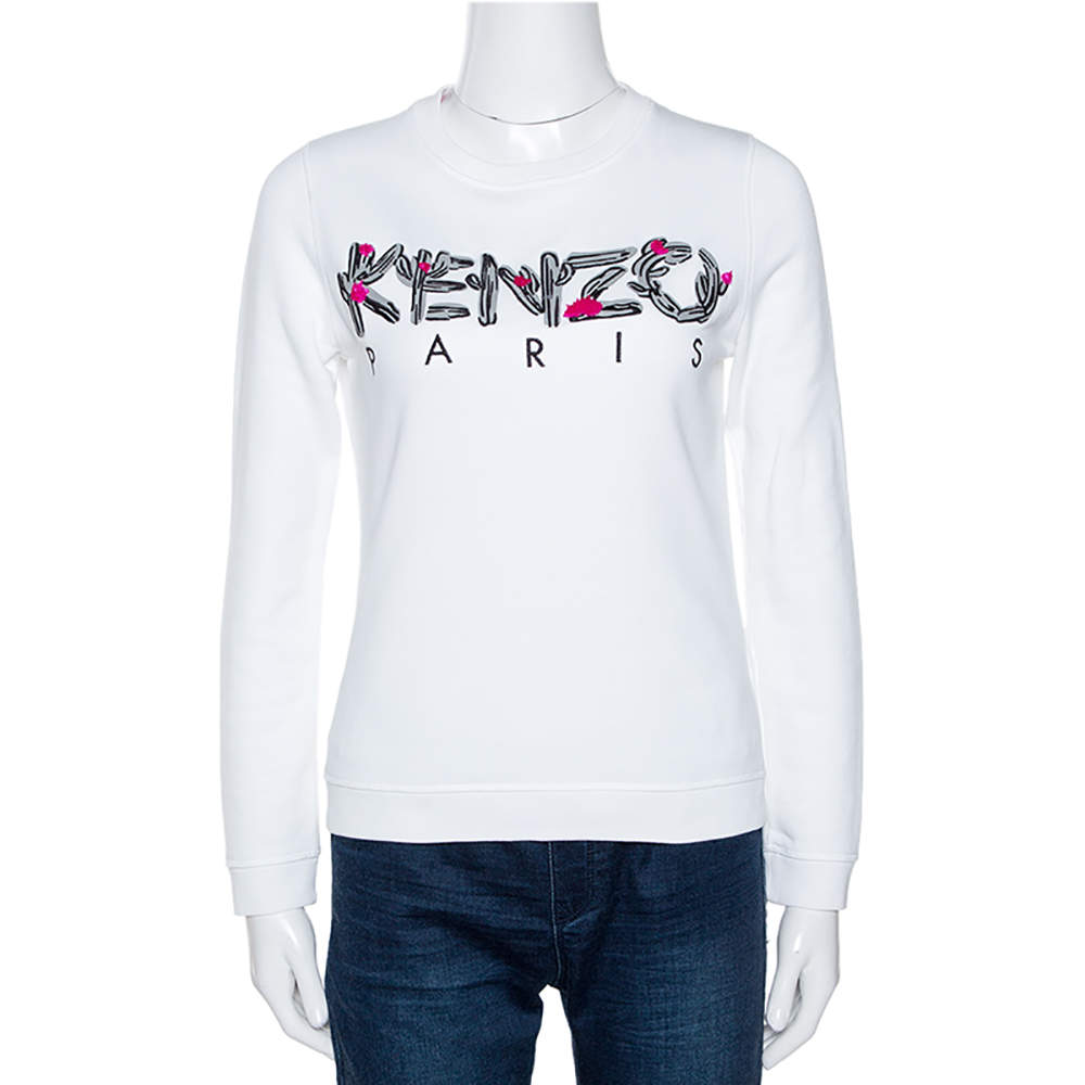 Pre Owned Kenzo White Logo Embroidered Cotton Long Sleeve Sweatshirt XS