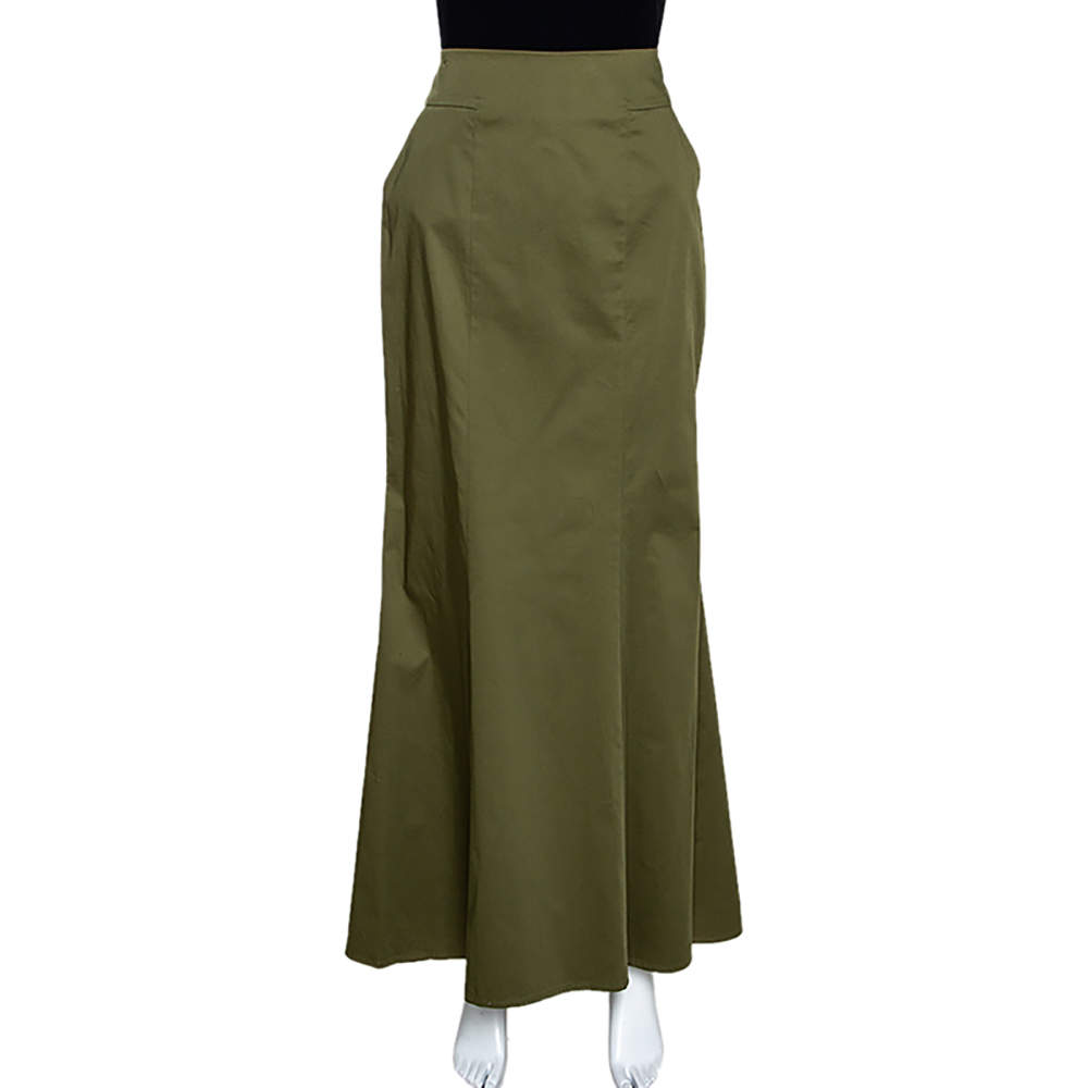 Kenzo Olive Green Stretch Cotton Flared Maxi Skirt S