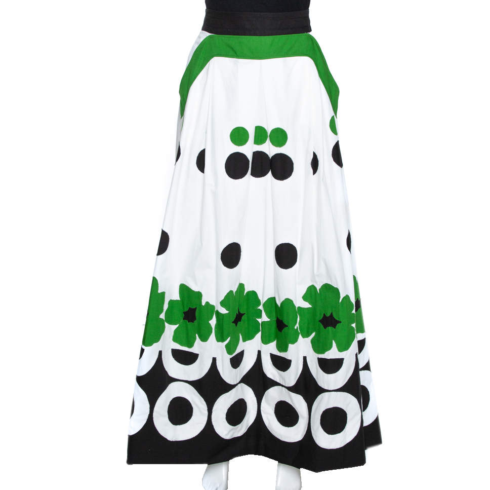 Kenzo Muticolor Polka Dot and Floral Applique Cotton Maxi Skirt M