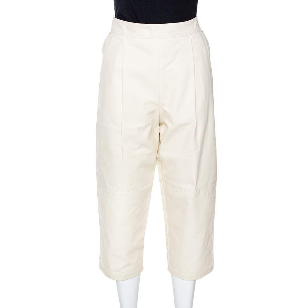 Pre Owned Kenzo Cream Textured Cotton High Waisted Cropped Pants M