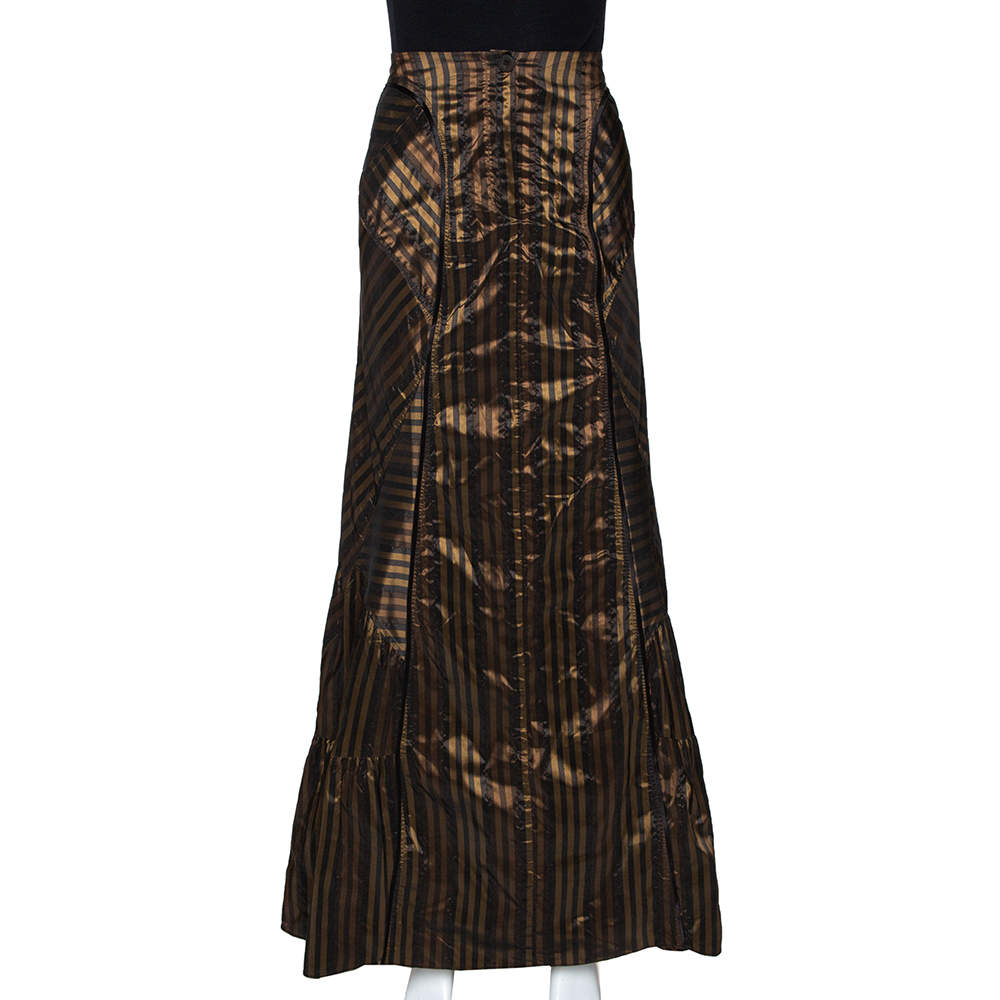Pre Owned Kenzo Black & Gold Striped Taffeta Maxi Skirt L