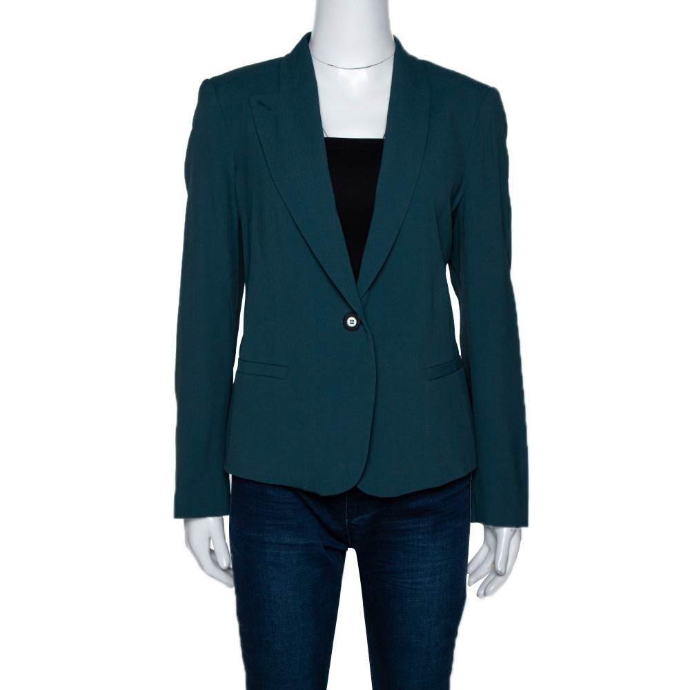 Kenzo Forest Green Crepe Gathered Detail Single Button Blazer L