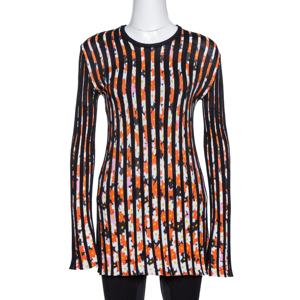Kenzo Black Jackie Flowers Print Knit Pleated Long Sleeve Top XS