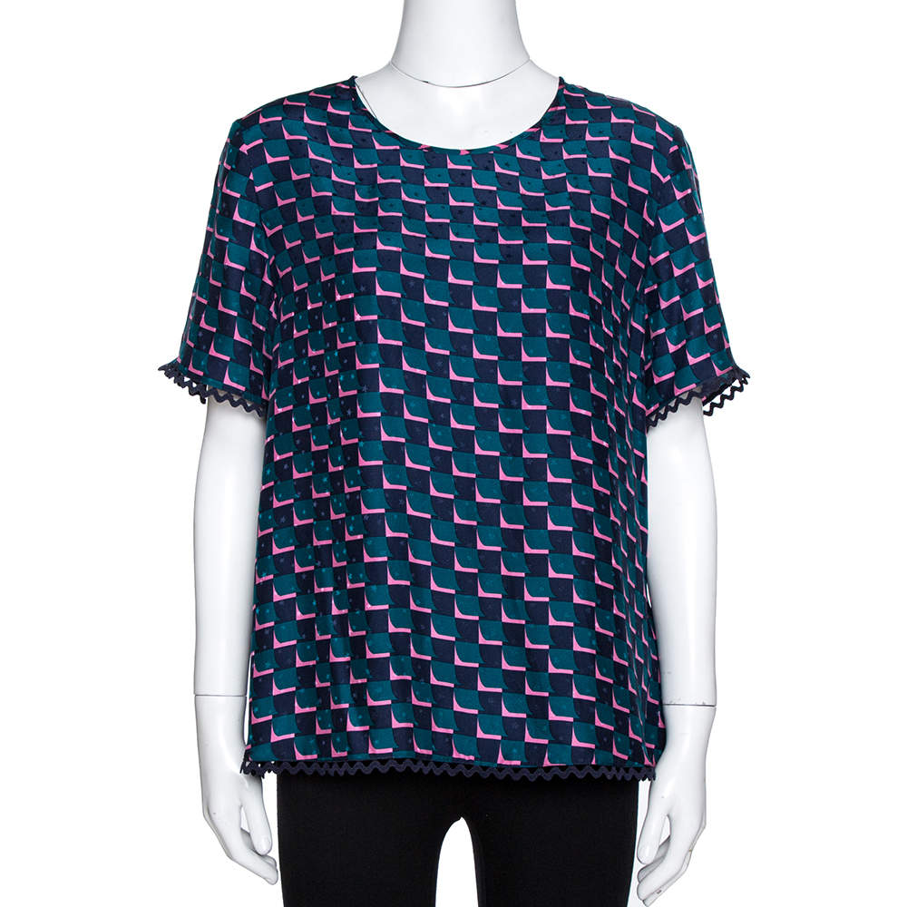 Pre Owned Kenzo Midnight Blue Printed Star Patterned Silk Jacquard Top L