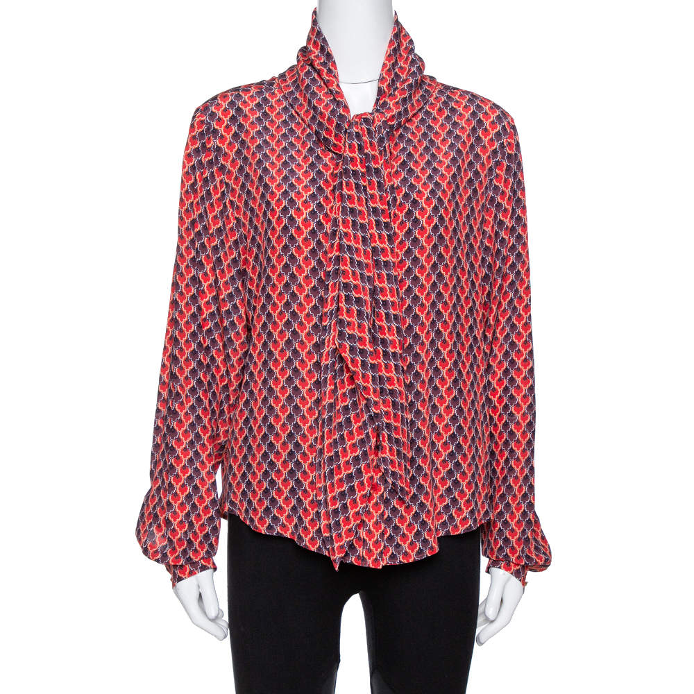 Pre Owned Kenzo Red Printed Silk Neck Tie Detail Long Sleeve Shirt L
