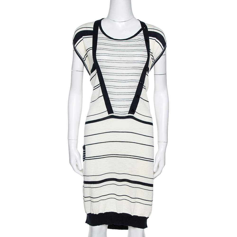 Pre Owned Kenzo Off White & Navy Striped Cotton Knit Sweater Dress L