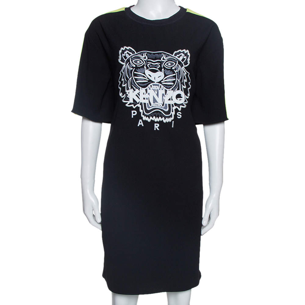 Kenzo Black Crepe Embroidered Tiger Motif T-Shirt Dress M