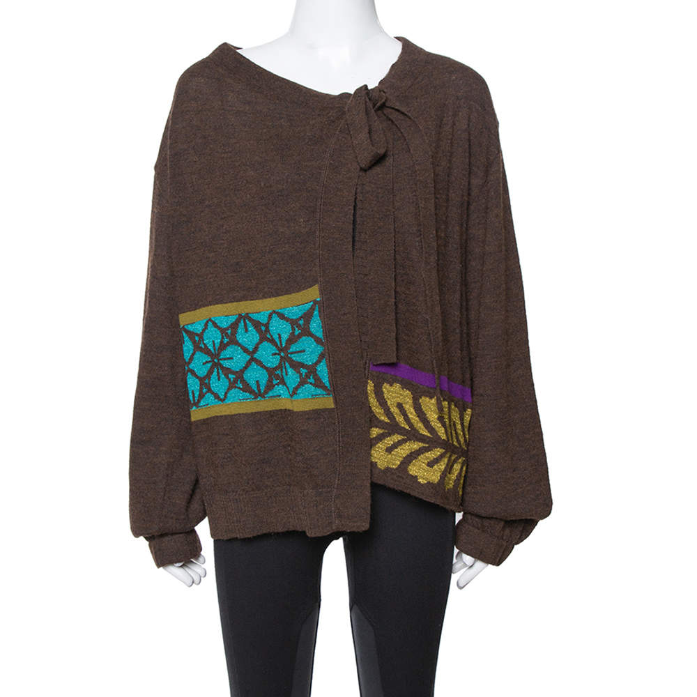 Pre Owned Kenzo Brown Lurex Jacquard Wool Knit Cardigan M