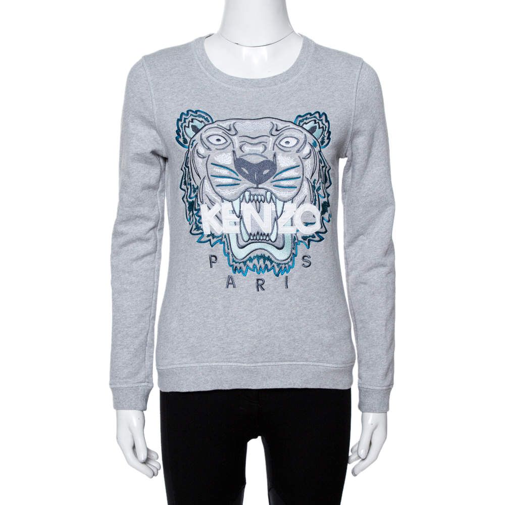 Pre Owned Kenzo Grey Tiger Embroidered Cotton Sweatshirt S