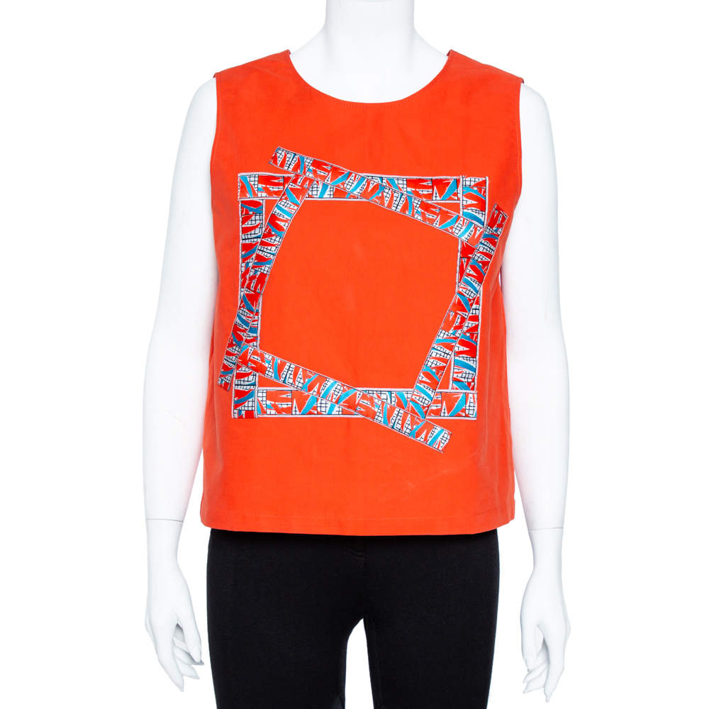 Pre Owned Kenzo Coral Red Cotton Sleeve Less Top M