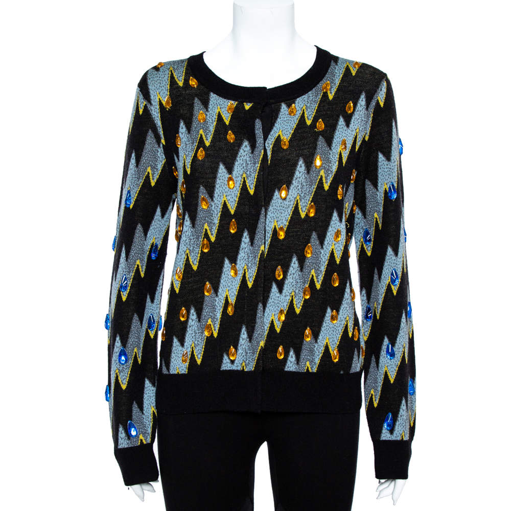 Pre Owned Kenzo Black Lightning Bolt Jacquard Wool Embellished Cardigan L