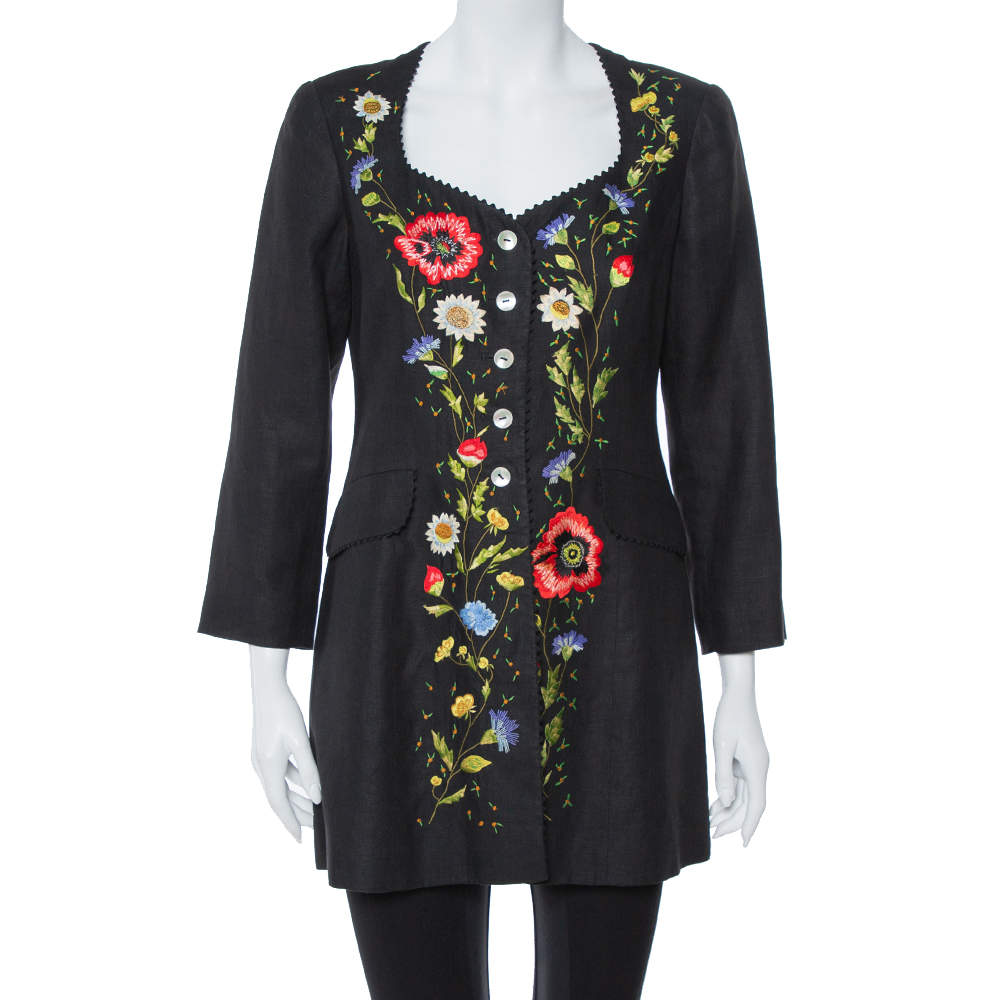 Kenzo Vintage Black Floral Embroidered Linen Button Front Jacket M