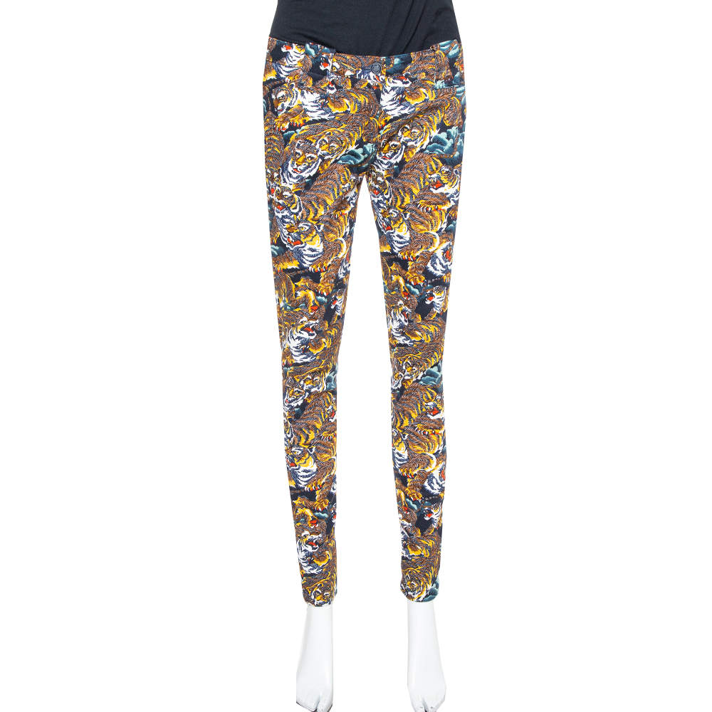 Kenzo Multicolor Flying Tiger Printed Denim Skinny Jeans M