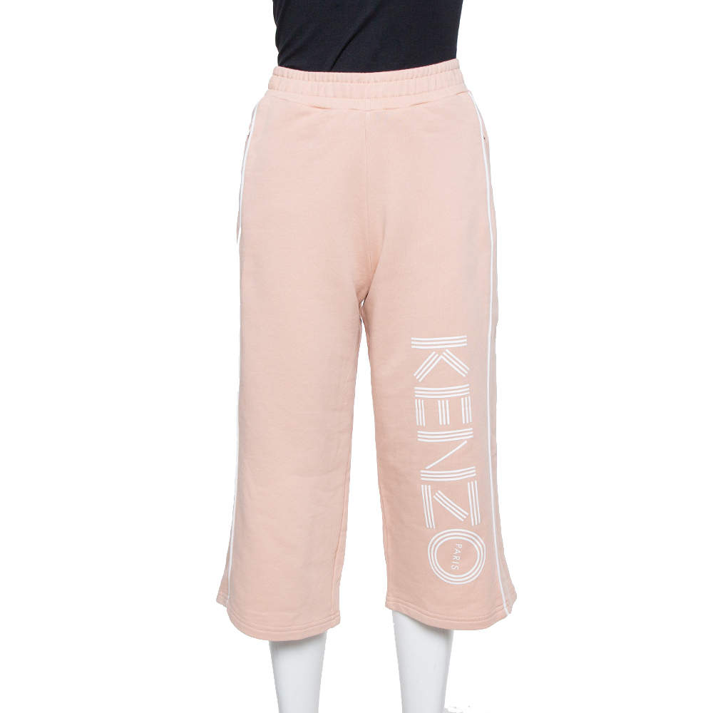Pre Owned Kenzo Salmon Pink Knit Logo Printed Cropped Track Pants XS
