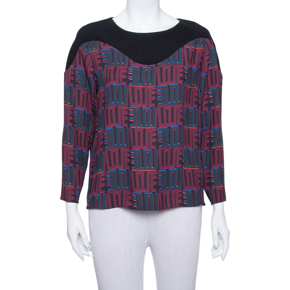 Kenzo Burgundy & Black Printed Crepe Top M
