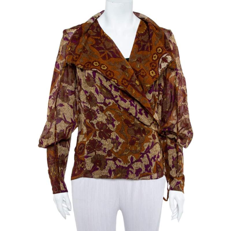 مملوكة مسبقًا جاكيت كينزو خفيف مزين رباط أمامي صوف مطبوع تجريدي بني مقاس كبير (لارج)