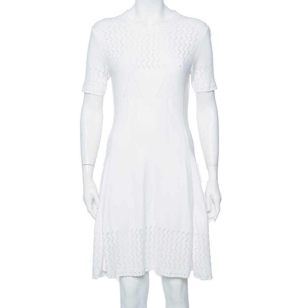 Pre Owned Kenzo White Perforated Knit Fit & Flare Dress L