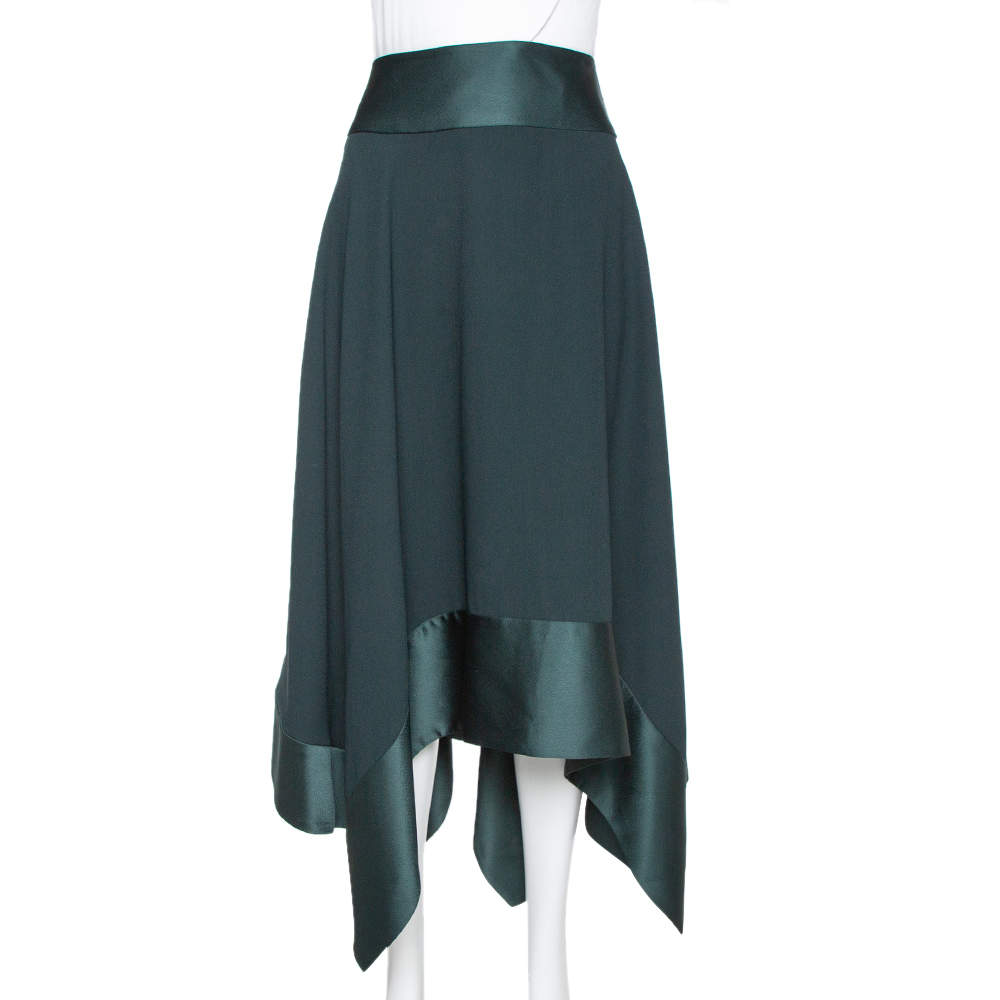 Pre Owned Kenzo Green Crepe & Satin Asymmetric Midi Skirt L