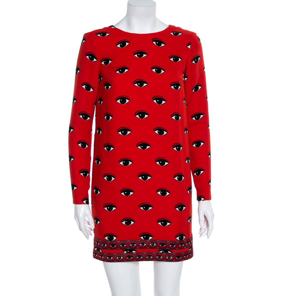 Pre Owned Kenzo Red Lotus Eye Printed Crepe Shift Dress S